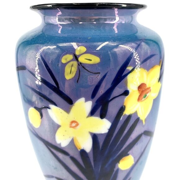 Lusterware Porcelain Vase Blue Daffodil Flowers Butterfly 7.5" Vintage - Picture 2 of 7